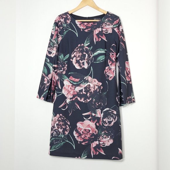 JAX Black Label Women Lace Black Pink Floral Bell Long Sleeve Round Neck Dress - Picture 2 of 13